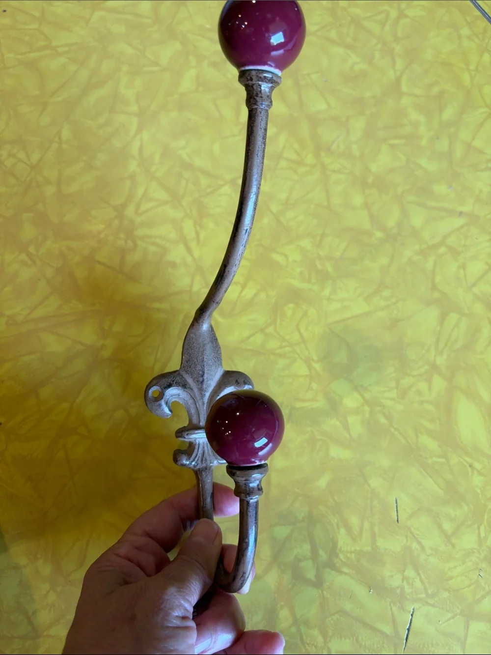 Source Unknown Metal Wall Hook with Deep Red Ceramic Knobs
